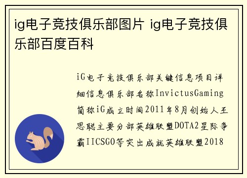 ig电子竞技俱乐部图片 ig电子竞技俱乐部百度百科