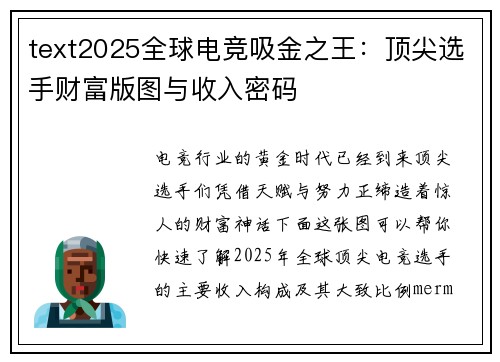 text2025全球电竞吸金之王：顶尖选手财富版图与收入密码