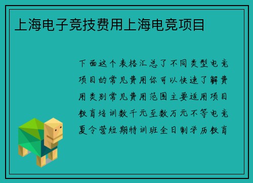 上海电子竞技费用上海电竞项目